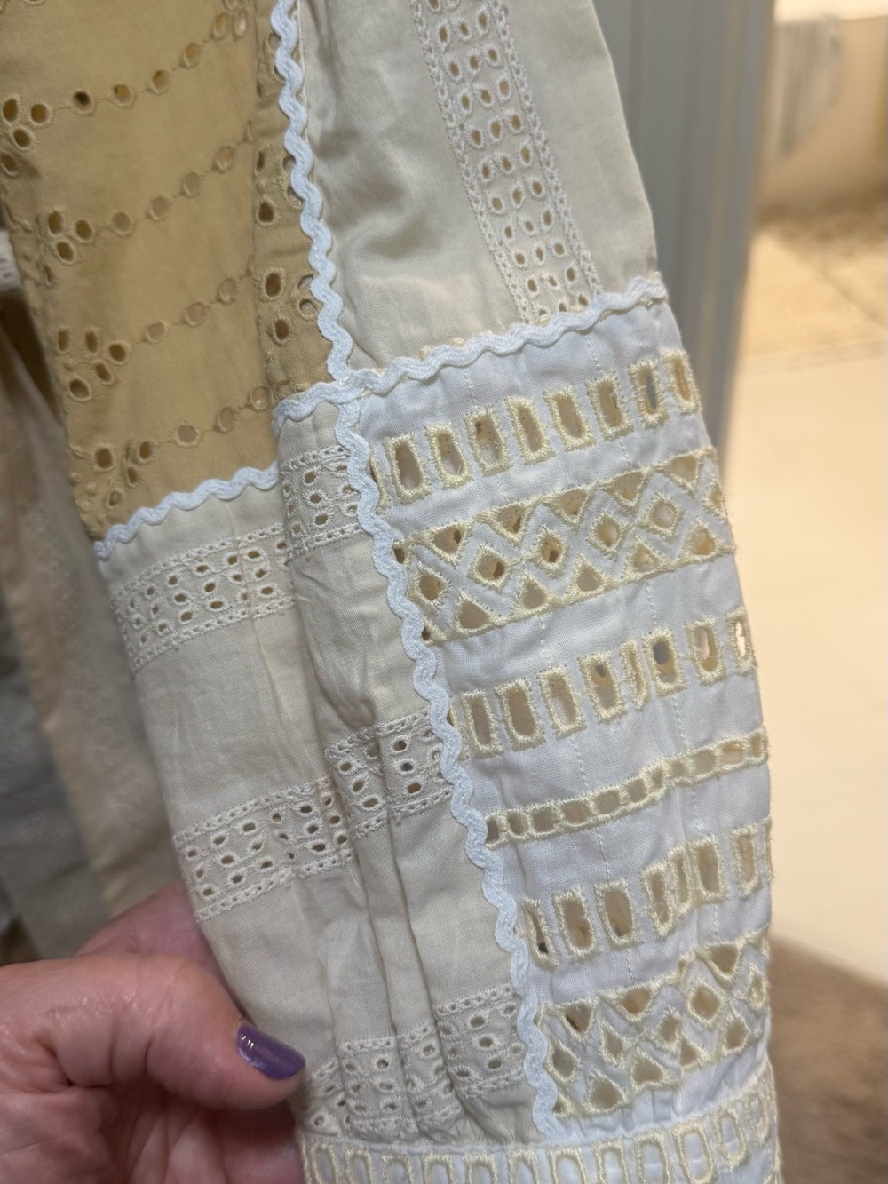 Sezane Boho Patchwork Eyelet Maxi Dress in Cream & Tan - Picture 3 of 4